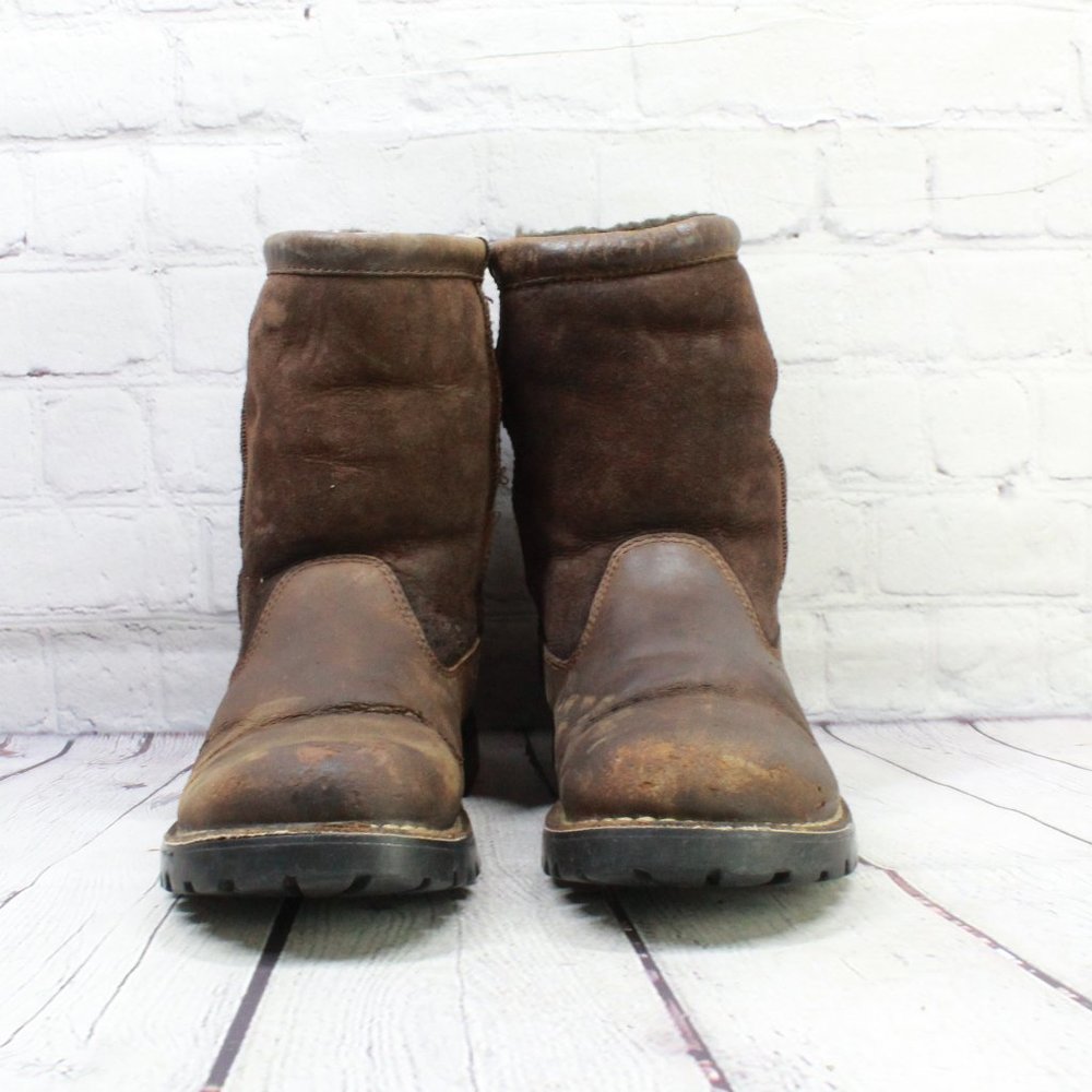 UGG Brown Leather Suede Sheepskin Lined Winter Boots Size 10 - Picture 4 of 9